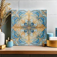 Baroque Floral Tile Pat#19 Aqua Blue Gold ID1078