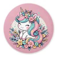 Pink and Blue Unicorn and Flowers  Ceramic Knob