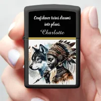 Warrior spirit unites wolf and indigenous woman zippo lighter