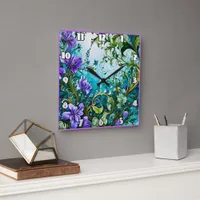 Purple Floral Design With Greenery Square Wall Clock