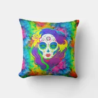 [Psychedelic Sugar Skull] Fractal Tie-Dye Calavera Throw Pillow