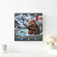 Canadian Beaver Holding Sticks by a Lake Square Wall Clock