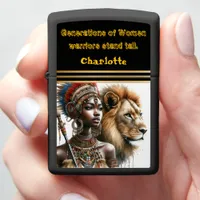 A powerful warrior stands with a majestic lion zippo lighter