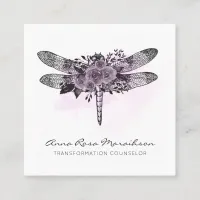 *~* QR LOGO Floral Watercolor GRAY Dragonfly Square Business Card