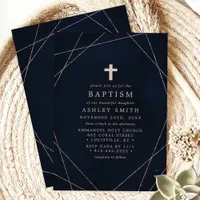 Elegant Navy and Rose Gold Cross Geometric Baptism Invitation