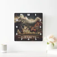 Horses at a Rustic Barn Under Mountain Clouds Square Wall Clock