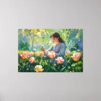 *~* TV2 Garden Tulips Girl Stretched Canvas Print