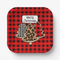 Buffalo Plaid, Red Gingham Christmas Trees Paper Plates