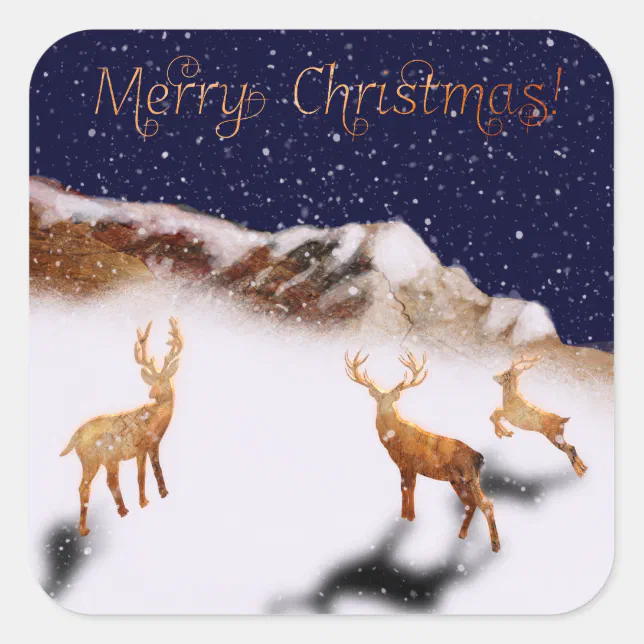 Merry Christmas - wood deers and mountains in snow Square Sticker