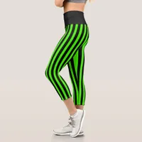 Halloween Slime Green and Black Stripe Capri Leggings