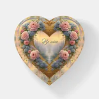 Victorian, golden heart with flowers, be mine  paperweight