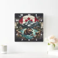 Beaver Building Lodge Near Canadian Wilderness Square Wall Clock