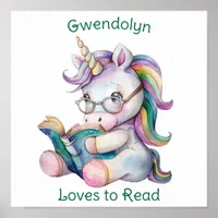 Pastel Colors Unicorn Reading Teal Text Poster