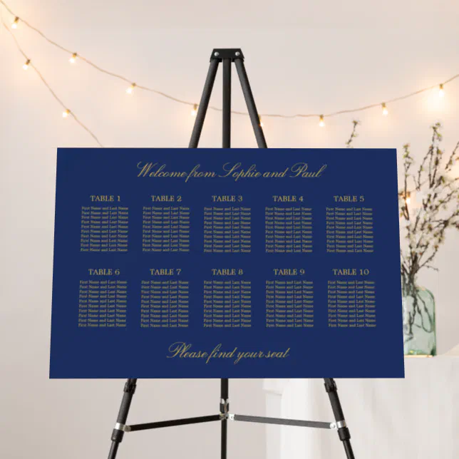 Navy Blue Golden Beige 10 Table Seating Chart Foam Board