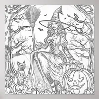 Halloween witch, pumpkin, and cat coloring page poster