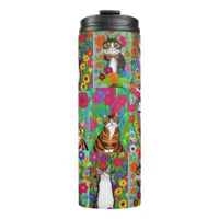 Cute Whimsical Folk Art Cats and Flowers Quilt Thermal Tumbler