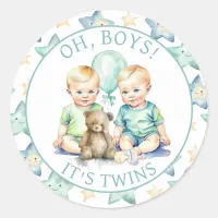 Watercolor Twin Boys Baby Shower | Oh, Boys! Classic Round Sticker