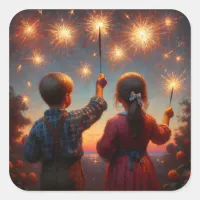 Happy Fourth Children with Sparklers Personalized Square Sticker