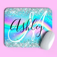 Silver Glitter Rainbow Wave Aqua Ombre Monogram Mouse Pad