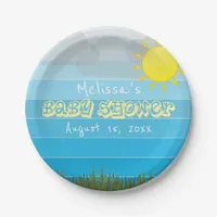 Sun Clouds and Grass on Blue Stripes Baby Shower Paper Plates