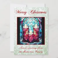 Christmas Stained Glass Candles Green Glitter Holiday Card