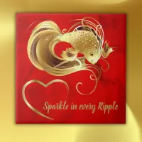 Gold goldfish on red foil monogram | ceramic tile