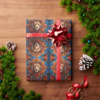 Vibrant Lion with Floral Motifs Wrapping Paper