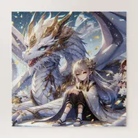 Anime Girl and White and Gold Dragon  Jigsaw Puzzle