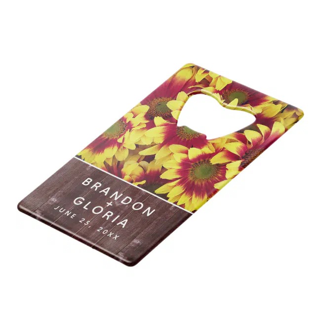 Rustic Autumn Sunflowers on Fence Wedding Credit Card Bottle Opener