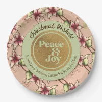 Peace & Joy, Pink Green Gold Poinsettia Christmas Paper Plates