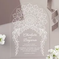 White Boho Mandala Leafy Vine Wedding Acrylic Invitations