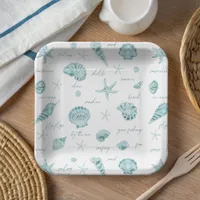 Shells Starfish Sun Fun Text Teal ID918  Paper Plates