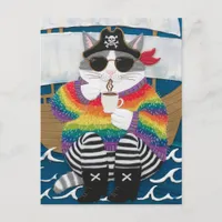 Pirate cat rainbow fuzzy sweater with a coffee postcard