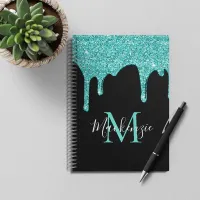 Girly Teal Aqua Sparkle Glitter Drips Monogram Notebook