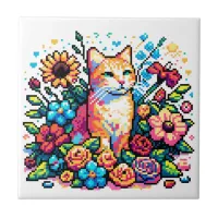 Pixel Art | Cat Sitting in Flowers   Ceramic Tile