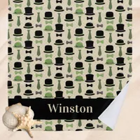 Black and Green Bowler Hat and Bow Tie Beach Towel