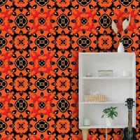 Vibrant Orange Kilim Geometric Floral Pattern Wallpaper