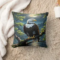 Eagle Perched on Branch Under Full Moonlight Throw Pillow