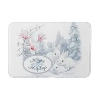 Cute White Rabbits in Snow Winter Holiday Bath Mat