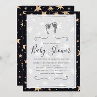 Gold Stars Navy Blue Trendy Starry Baby Shower Invitation