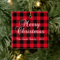 Classic Red Buffalo Plaid Christmas Family Photo Ceramic Ornament