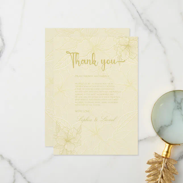 Elegant Minimalist Golden Floral Wedding Thank You Card