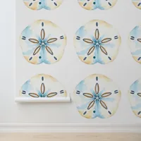 Tan and Blue Coastal Sand Dollar Seaside Wallpaper