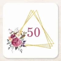 50th Boho Floral Geometric Gold Triangle Square Paper Coaster