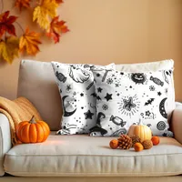 Halloween Black And White Line art Throw Pillow