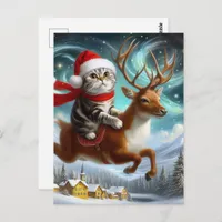 Adorable Cat Santa and the Reindeer Christmas Postcard