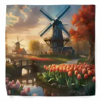 Windmill in Dutch Countryside by River with Tulips Bandana
