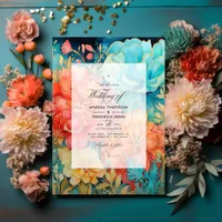 Coral, Turquoise, and Gold Floral Wedding Invitation