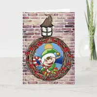 Cute Little Elf in Grapevine Wreath Christmas Card