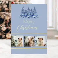 Festive Dusty Blue Christmas Pagoda Tree  Foil Holiday Card